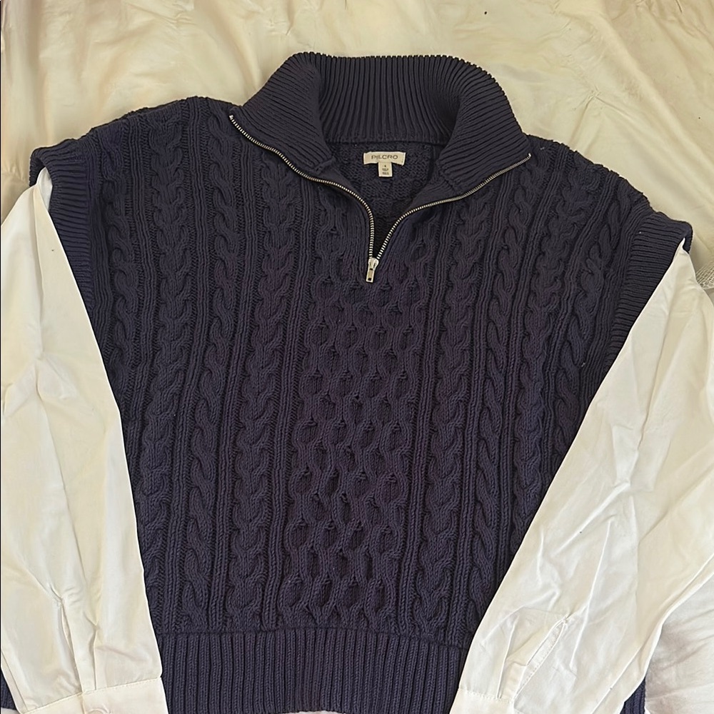 Pilcro Navy Cable Knit Zip-Up Sweater